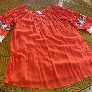 Entro orange peasant dress, size large.  New w/tag, lined.  Embroidered.
